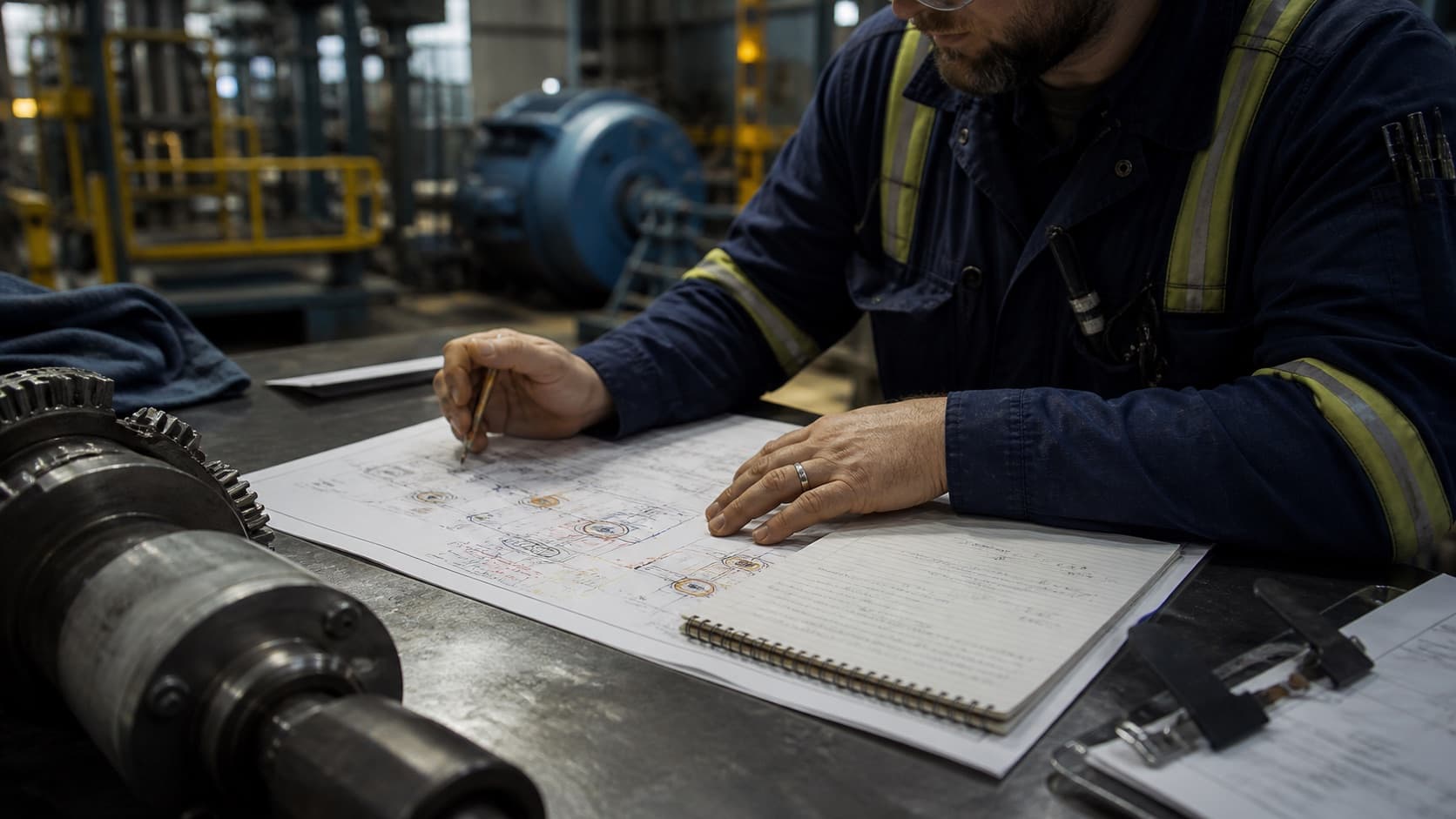 Maintenance professional reviewing annotated equipment drawings at a workshop bench.