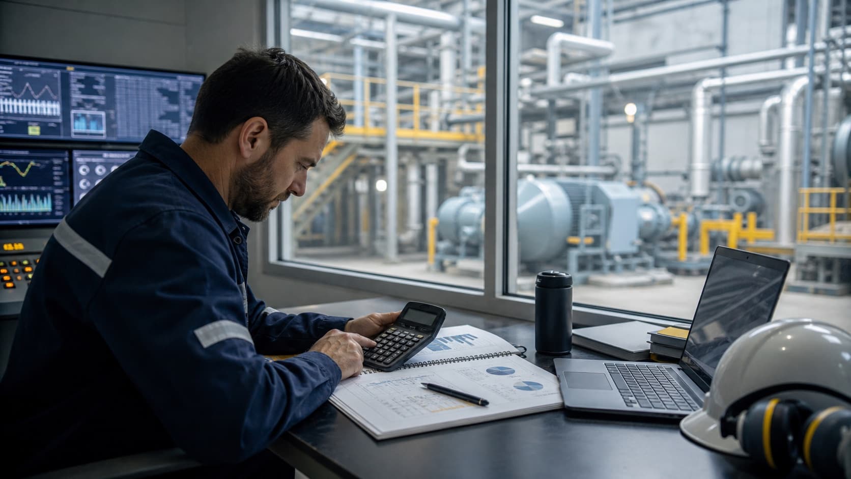 Reliability analyst calculating maintenance measures in a plant control room.
