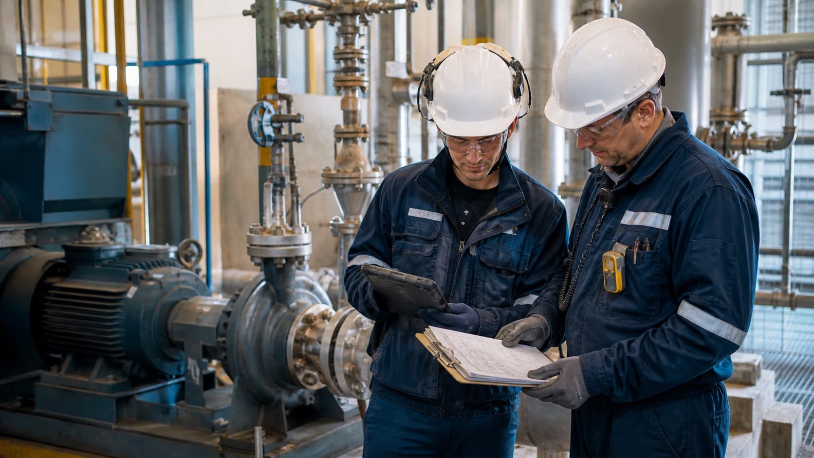 Maintenance planner and technician reviewing work beside industrial rotating equipment.