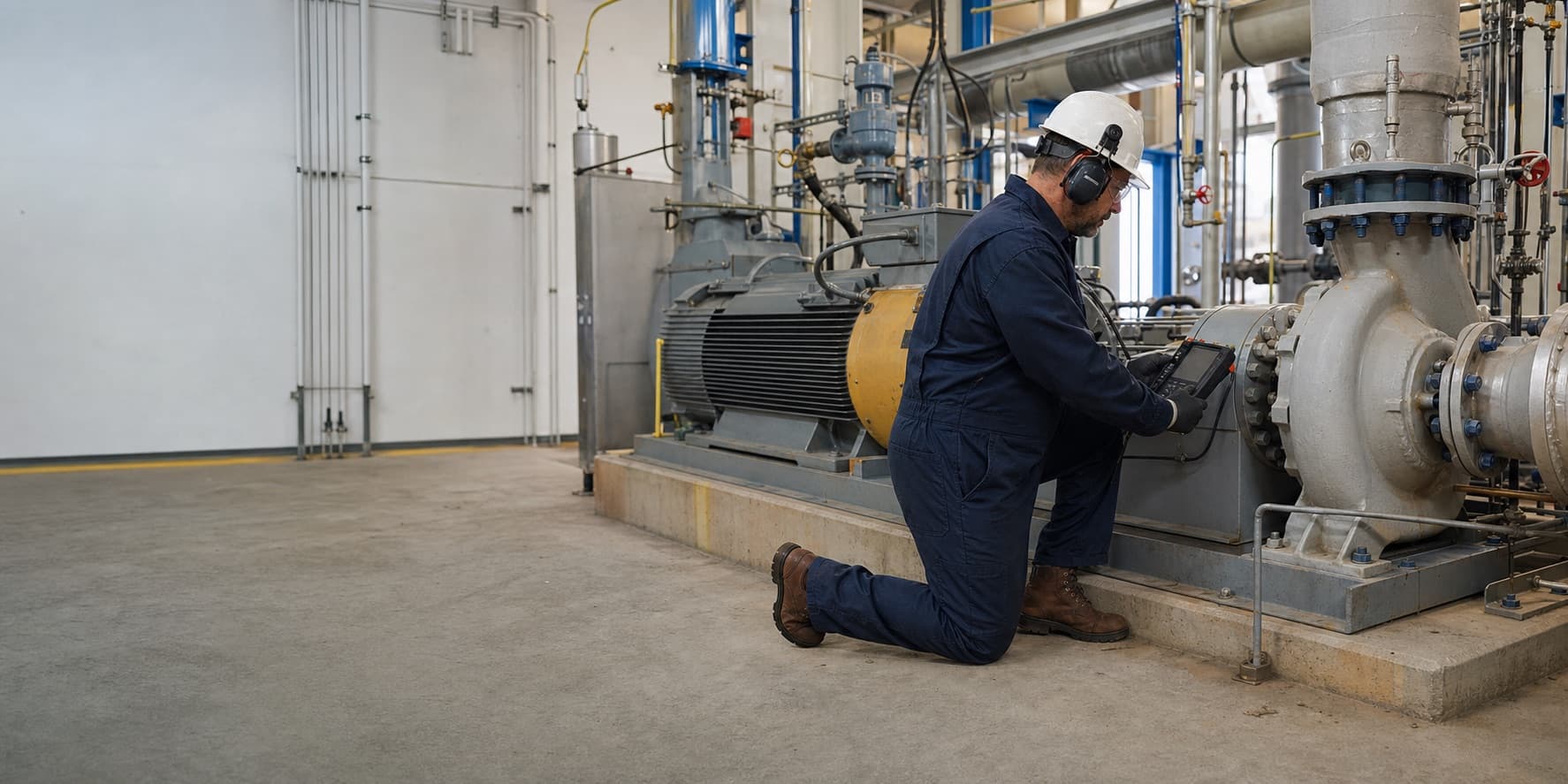 Maintenance professional inspecting an industrial pump and motor assembly.